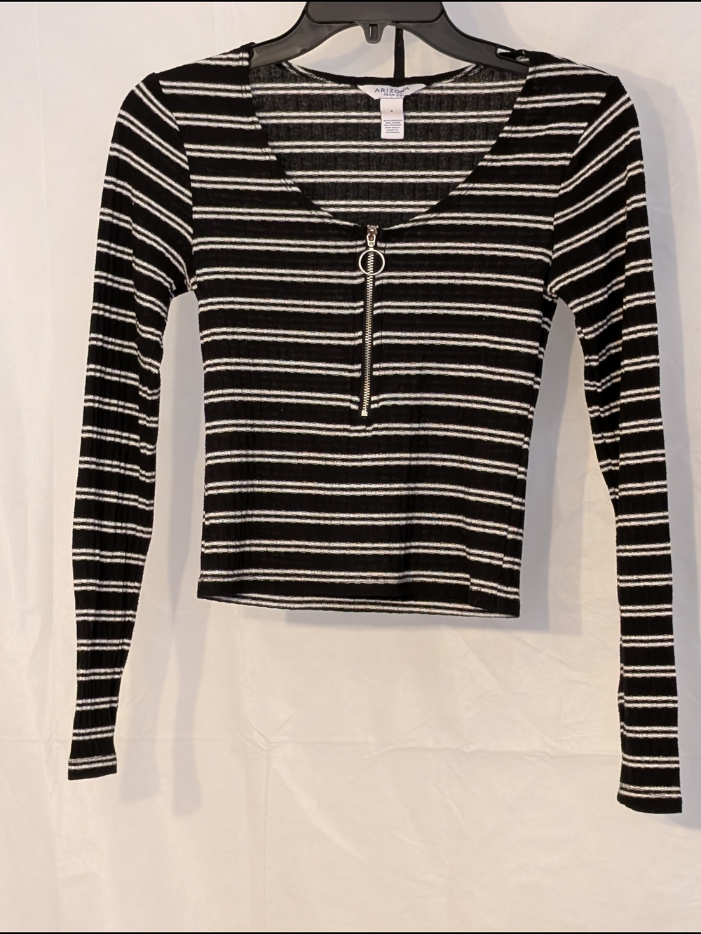 Arizona Jean Company Black & White Striped Zip-Front Long Sleeve Tee